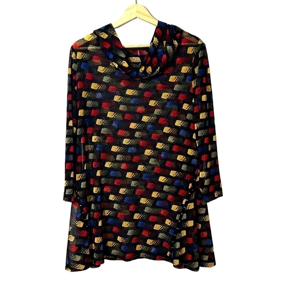 Max & Rina Sheer Tunic Collar Long Sleeve Bold Bright Size XL Studded Detail